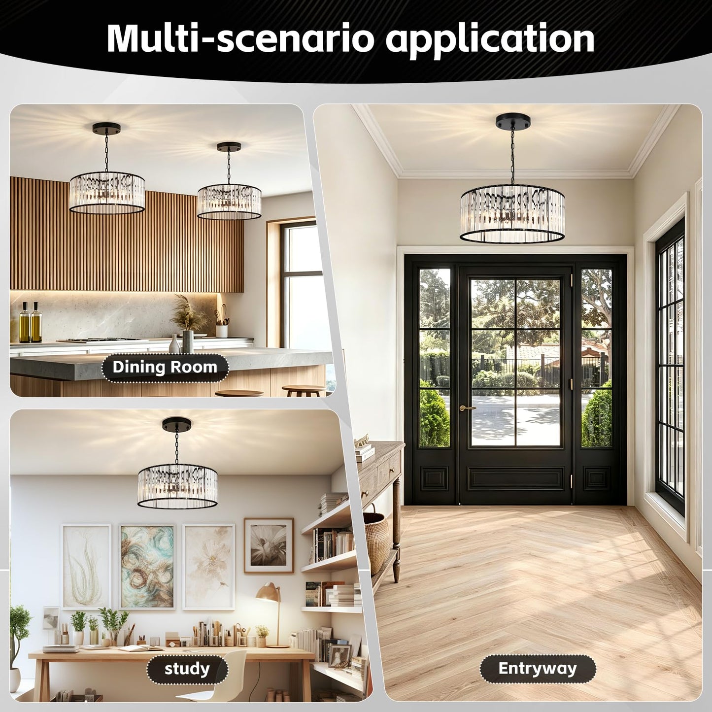 KRETAELY 17.7" Black Crystal Chandelier, 6-Light Crystal Chandeliers for Dining Room with Adjustable Height, Farmhouse Dining Room Light Fixture for Dining Room, Living Room, Bedroom, Entryway