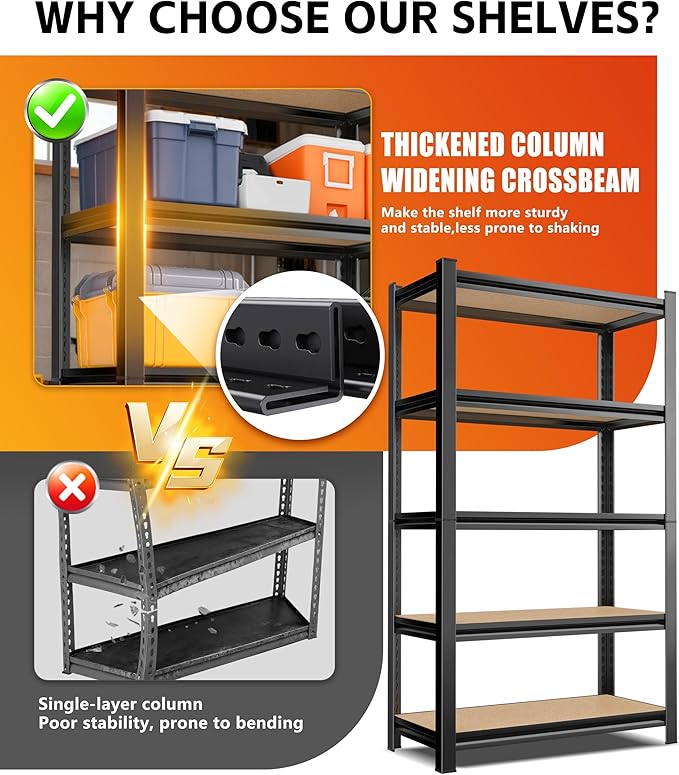 AOAORRG Set of 5 Garage Shelving Heavy Duty Storage Shelves, Metal Adjustable Shelving Unit, Utility Garage Organizer Shelf for Basement, Pantry, Kitchen, Warehouse, 15.7" Dx33.5 Wx35.4 H, Black