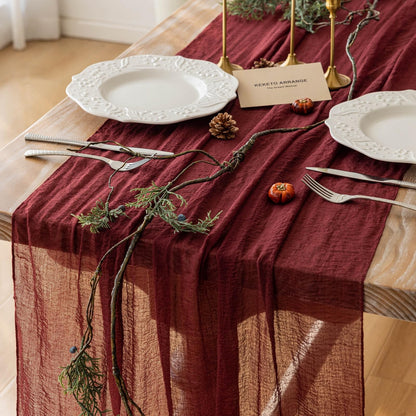 Keketoarrange Burgundy Christmas Table Runner Decor Red Cheesecloth Gauze 120 Inch 10 FT Rustic Boho Cheese Cloth Runner for Wedding Baby Bridal Shower Party Long Sheer Home Christmas Decorations