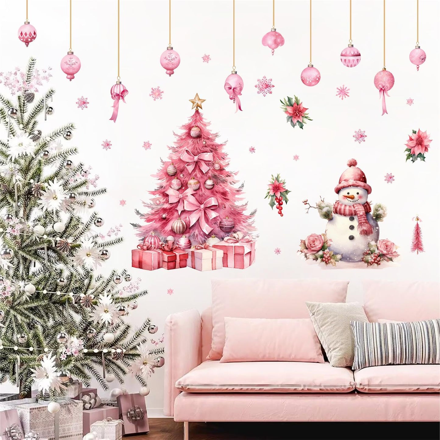 Large Pink Christmas Tree Wall Stickers Christmas Wall Decals Peel and Stick Snowman Stickers for Christmas Home Decor Indoor Hanging Ball Snowflake Art Murals for Living Room Xmas Party Supplies