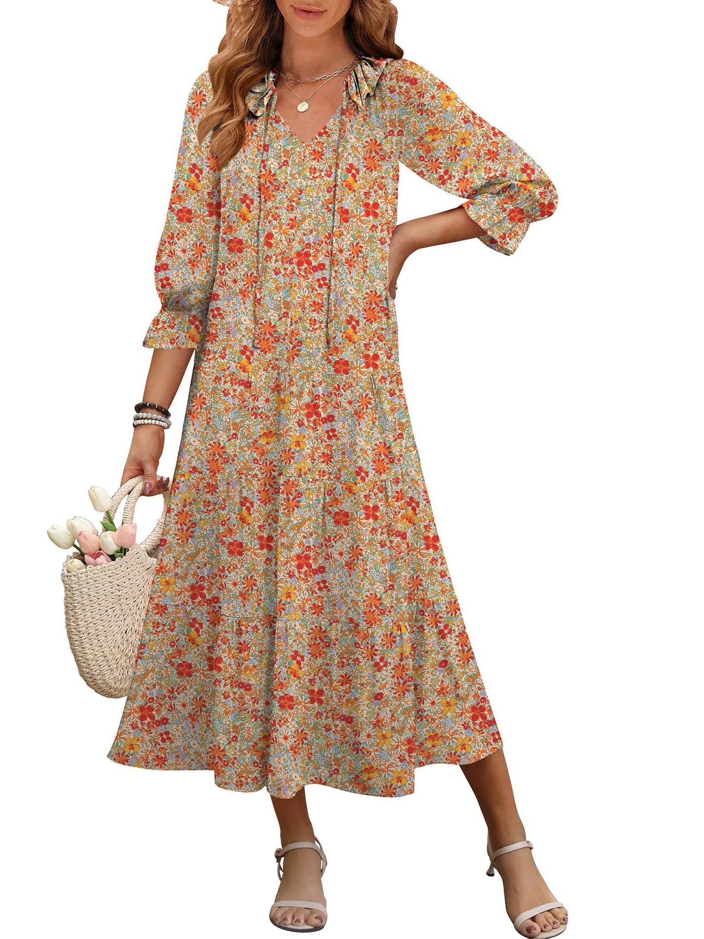 ANRABESS Women's Boho Maxi Dresses 2025 Summer Casual V Neck Puff Sleeve Floral Tiered Flowy Swing Beach Vacation Long Dress