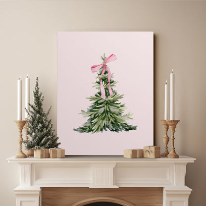 JWVK Ty-You-031 Prints Pink Coquette Bow Trendy Christmas Pine Tree Framed Wall Art Canvas Decor Decorations for Bedroom, Pink Christmas Signs Sign, 11x14