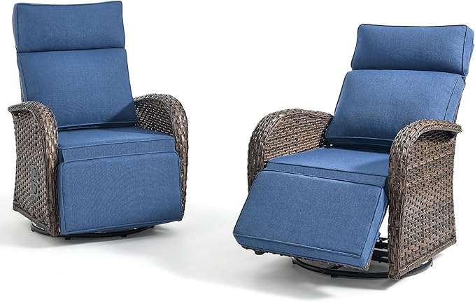 Zero Gravity Patio Swivel Rocking Recliner Chairs Set of 2 - Wicker Outdoor Lounge Chair with Adjustable Backrest & Footrest, All Weather Reclining Rocker Chairs with Thick Cushion for Pool Deck Blue