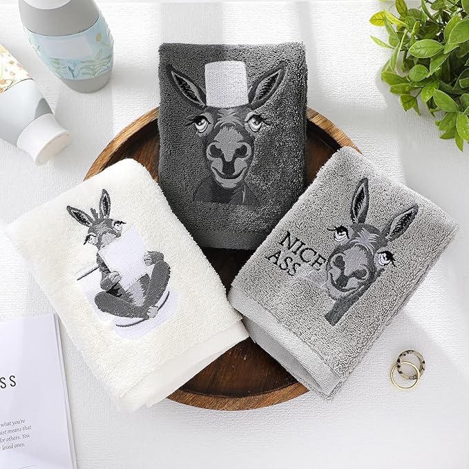3 Pcs Funny Donkey Hand Towels Embroidered Donkey Farmhouse Decorative Bathroom