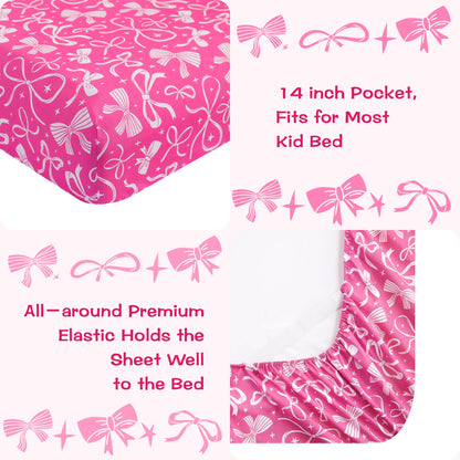 lasoftan Kids Sheet Set Twin Size, Twin Sheet Set with Pink Bow Pattern，Breathable Silky Soft Microfiber Kids Fitted Sheet