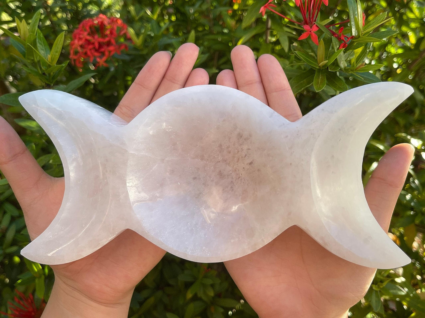 GAF TREASURES 8" Triple Moon Selenite Bowl, Gemstone Carved Selenite Crystal, Meditation Bowl, Reiki Bowl, Jewelry Holder, Crown Chakra, Cleansing, Charging, Healing