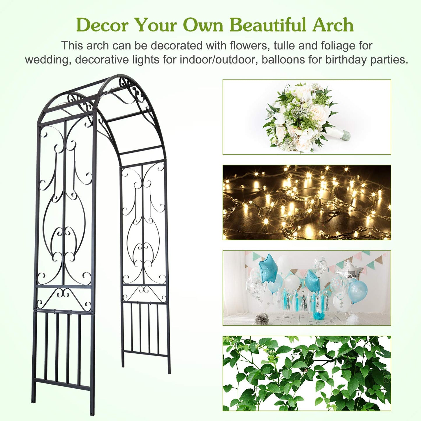 kinbor Garden Arches and Arbors Outdoor Black Metal Arbor for Climbing Plants Vines Roses Wedding Archway