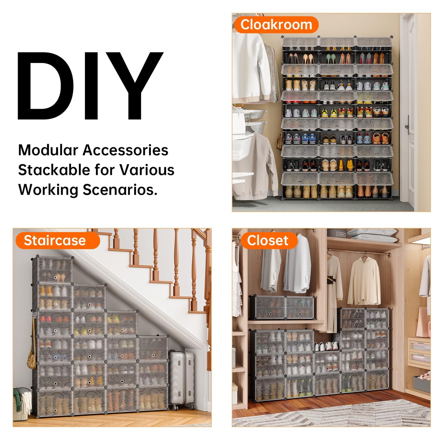MAGINELS 72-Pairs Shoe Storage Organizer Cabinet,Portable Shoe Rack Organizer with Door,Large DIY Plastic Detachable Shoes Shelves for Entryway,Bedroom,Black
