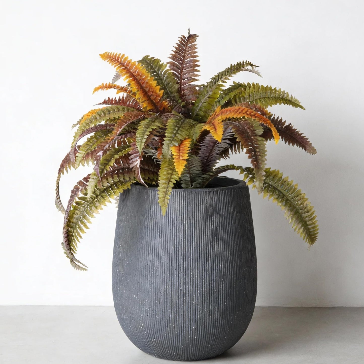 Worth Garden Large Dark Gray Round Planter, 12.5" x 18.5" Lightweight Magnesium Oxide Cement Plant Pot with a Striped Textured Finish, Raised Pattern Concrete Look, Drainage Hole, Indoor & Outdoor