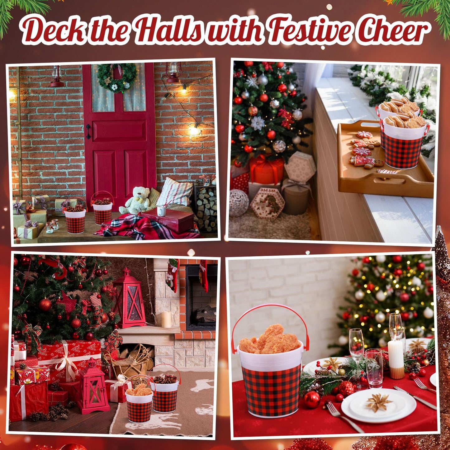 Yiyiring 12 Pcs Christmas Plastic Bucket with Handle 4.69 x 3.78 x 4.8 Inch Treats Storage Pails 32 oz Red and Black Buffalo Plaid Candy Bucket for Xmas Winter Holidays Party Favors
