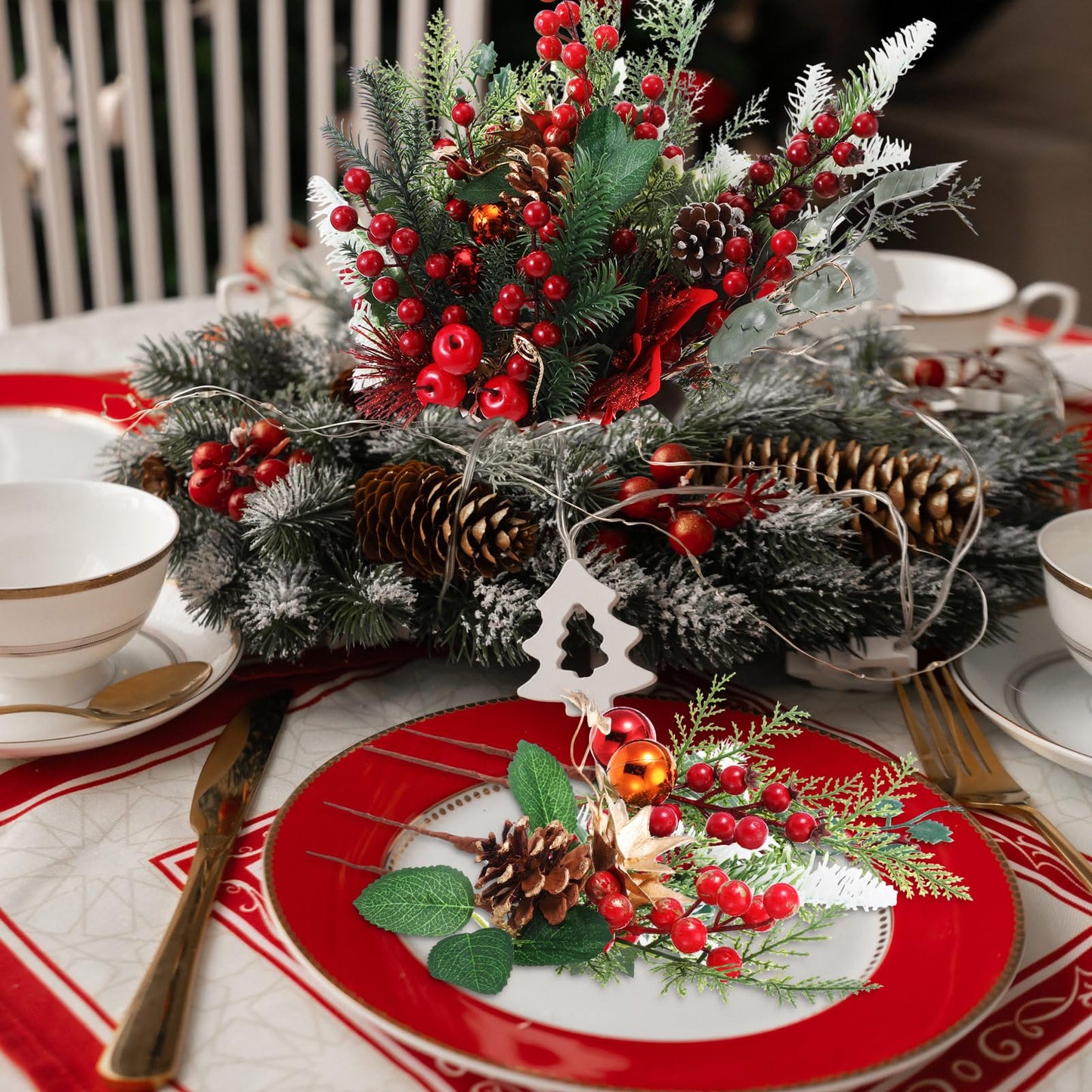 Suncalla 24 Pcs Artificial Christmas Picks 11"-14" Assorted Red Berry Picks Stems Christmas Tree Branches Decorations with Pinecones, Poinsettia Holly Leaves for Trees Wreath Garland Craft Decor
