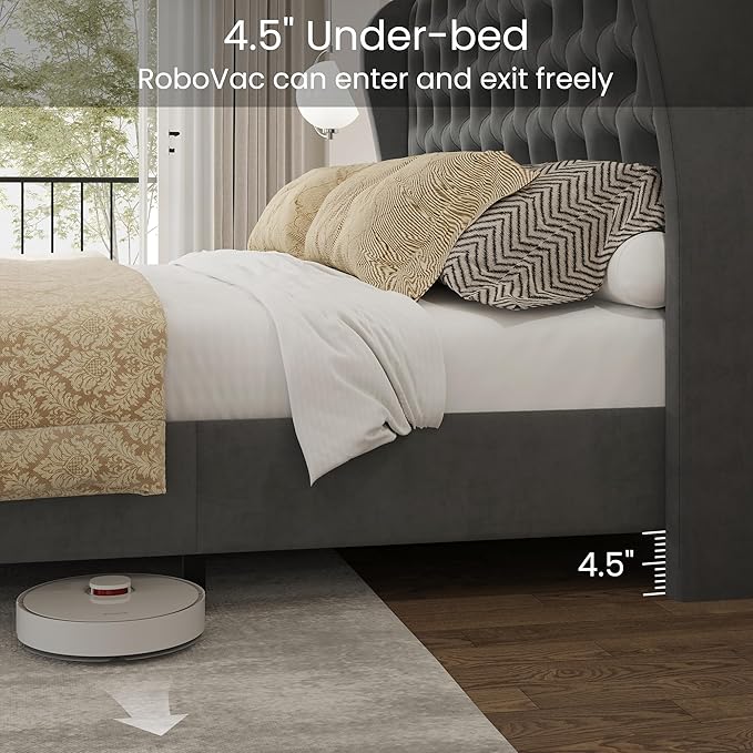 LARMACE Queen Size Bed Frame Velvet Upholstered Platform Bed