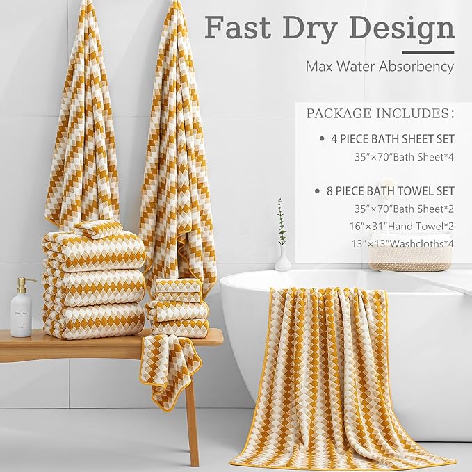 8 Piece Bathroom Towel Set |2 Oversized Bath Towels, 2 Hand Towels, 4
