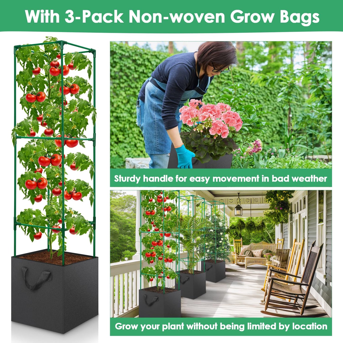 LifeisLuck 3 Pack Tomato Cage for Garden, Upgraded Fiberglass Garden Trellis with 3 PCS Grow Bags, Square Tomato Planter Support Garden Cages for Cucumber Vegetables Vertical Climbing Plants