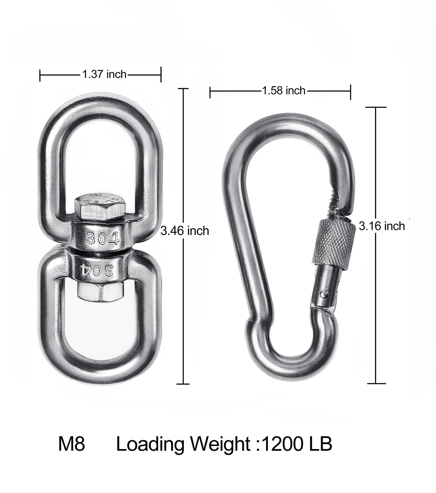 2+1 Heavy Duty 304 Stainless Steel Swivel Ring Double Ended Swivel Eye Hook with SUS304 Snap Hooks for Web Tree Swing, Swing Spinner Hanger, Reliable and Safe (M8)