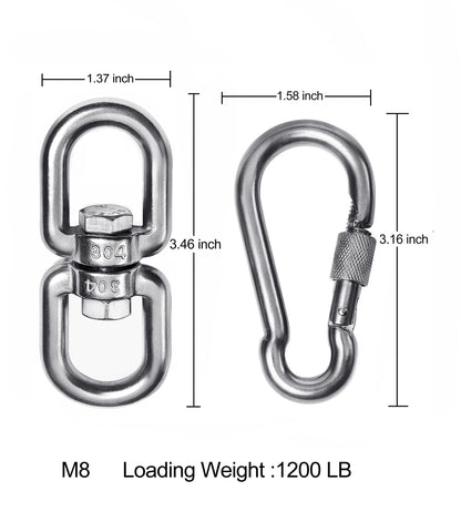2+1 Heavy Duty 304 Stainless Steel Swivel Ring Double Ended Swivel Eye Hook with SUS304 Snap Hooks for Web Tree Swing, Swing Spinner Hanger, Reliable and Safe (M8)