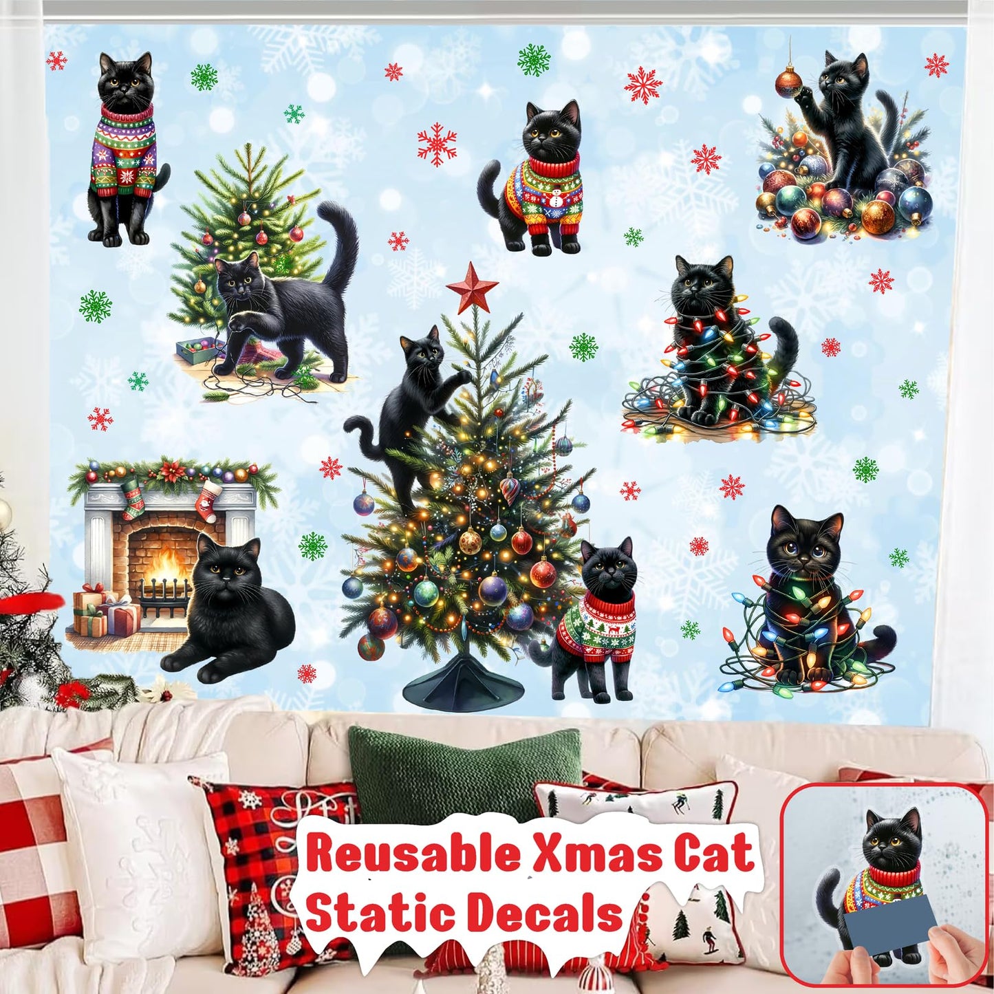 Christmas Decoration Window Clings Black Cat Window Sticker Indoor Removable Christmas Tree Static Decals Double-Sided Reusable Snowflake Vinyl Stickers for Home 2026 New Year Winter Holiday Supplies