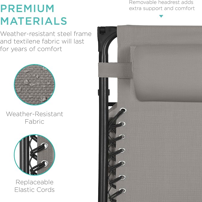 Best Choice Products 30” Wide Folding Zero Gravity Outdoor Recliner Patio Lounge Chair w/Adjustable Canopy Shade, Headrest, Side Accessory Tray - Ice Gray