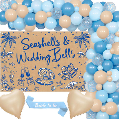 Fangleland Seashells and Wedding Bells Bachelorette Decorations, Coastal Beach Backdrop Balloon Arch Garland Kit Bride To Be Sash, Sea Shell Bridal Shower Engagement Party Supplies