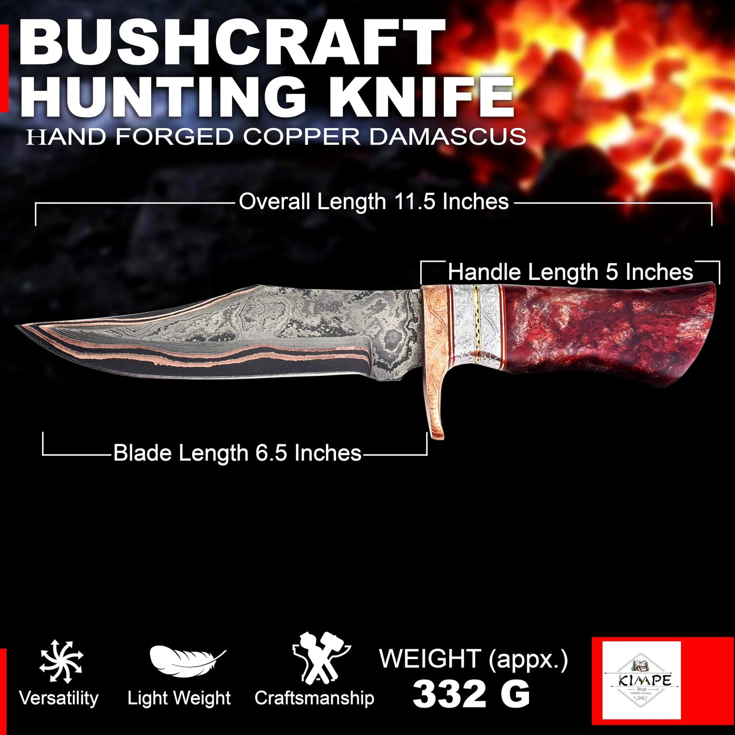 KIMPE Handmade Copper Damascus Hunting Knife – 11.5” Fixed Blade Bushcraft Knife with Engraved Guard, Resin Handle, Full Tang, Leather Sheath – Outdoor Survival, Camping & Gift Knife.
