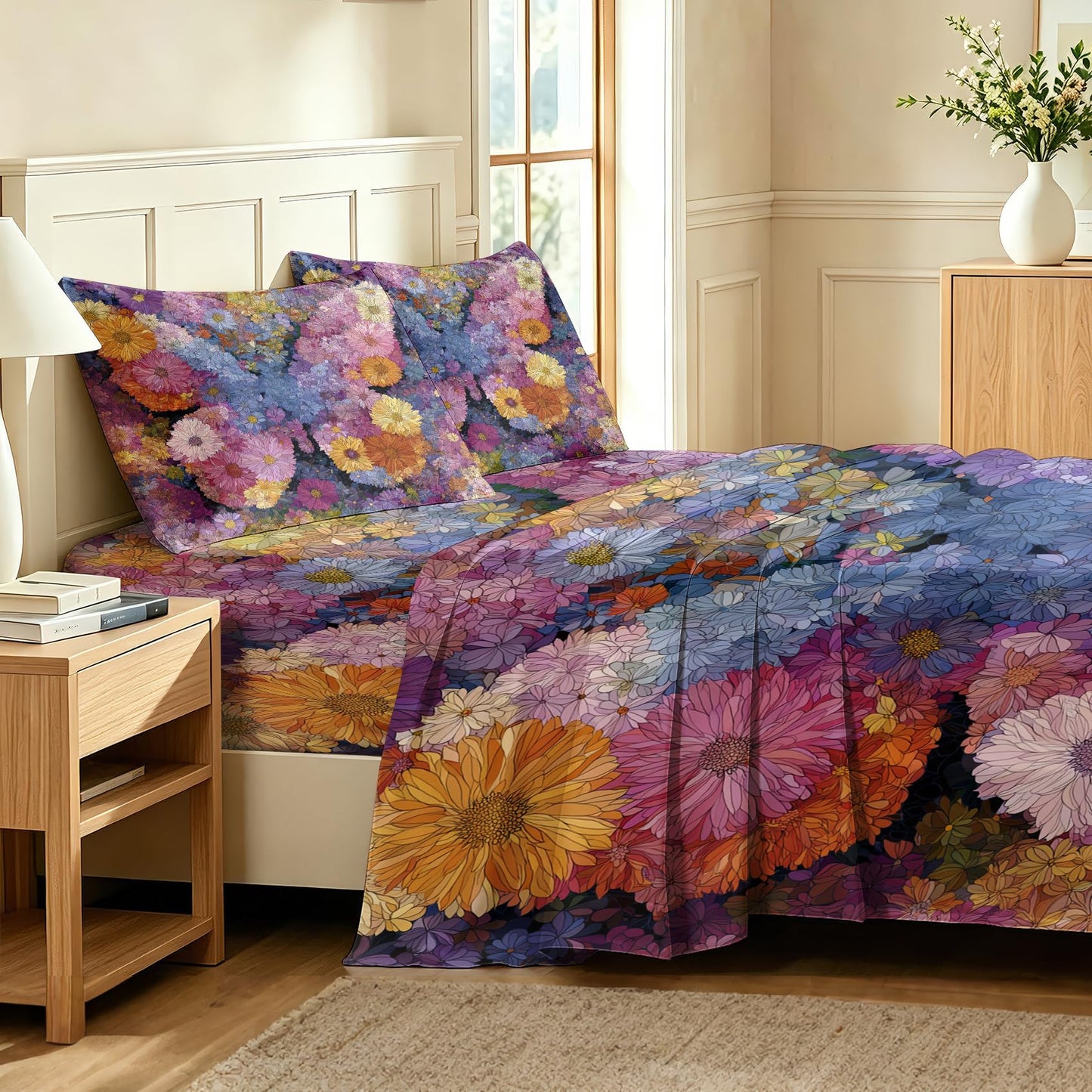 Daisy Flower Queen Bedding Set Girls Colorful Floral Sheet Sets