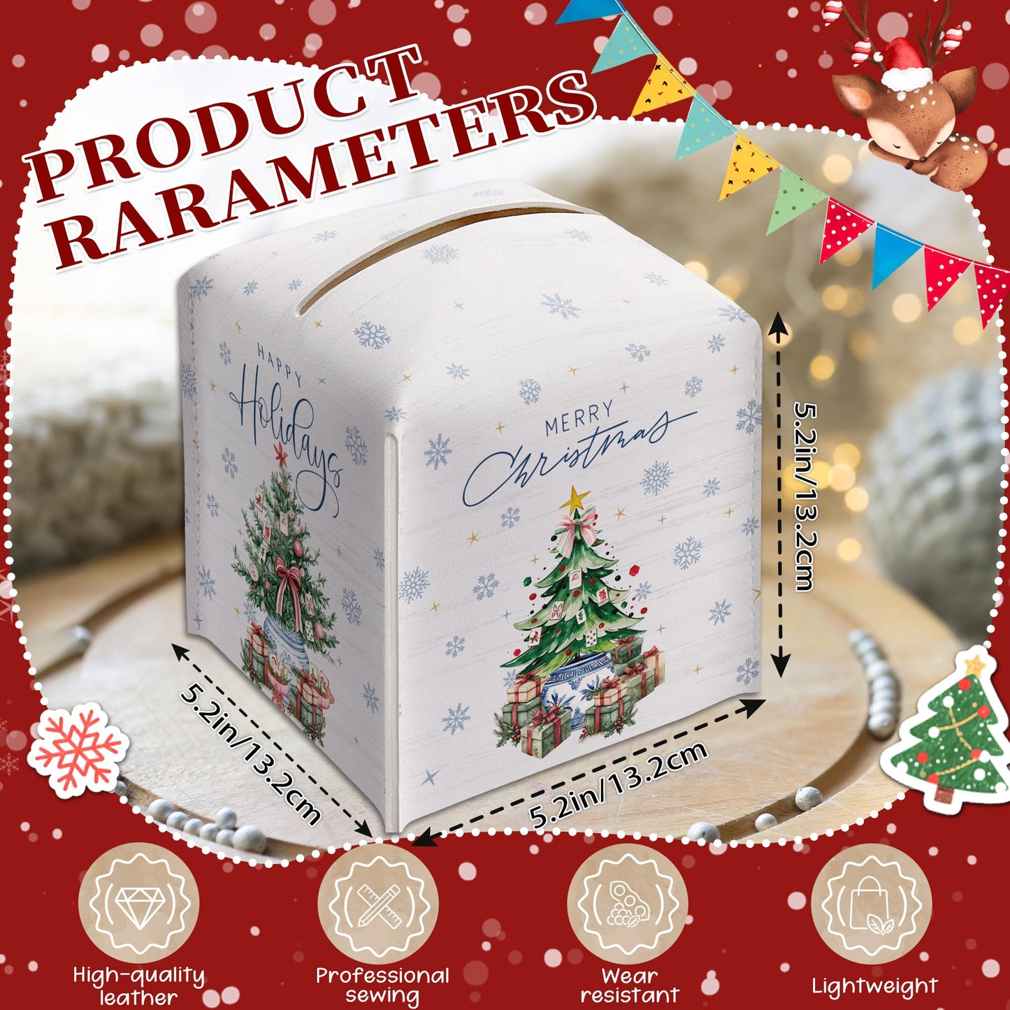 Christmas Tissue Box Cover Square, Snowflake Christmas Tree Decorative Tissue Box Holder, Waterproof Leather Tissues Boxes Dispenser for Bathroom, Office, Car, Bedroom Nightstand, Home Decor