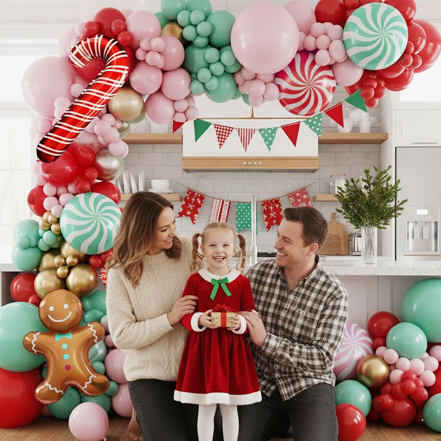 Christmas Balloon Garland Arch kit green pink red balloon with cookie Gingerbread Cane Candy Foil Balloons for friendsmas Xmas New Year Birthday Party Supplies Party Decorations globos de navidad