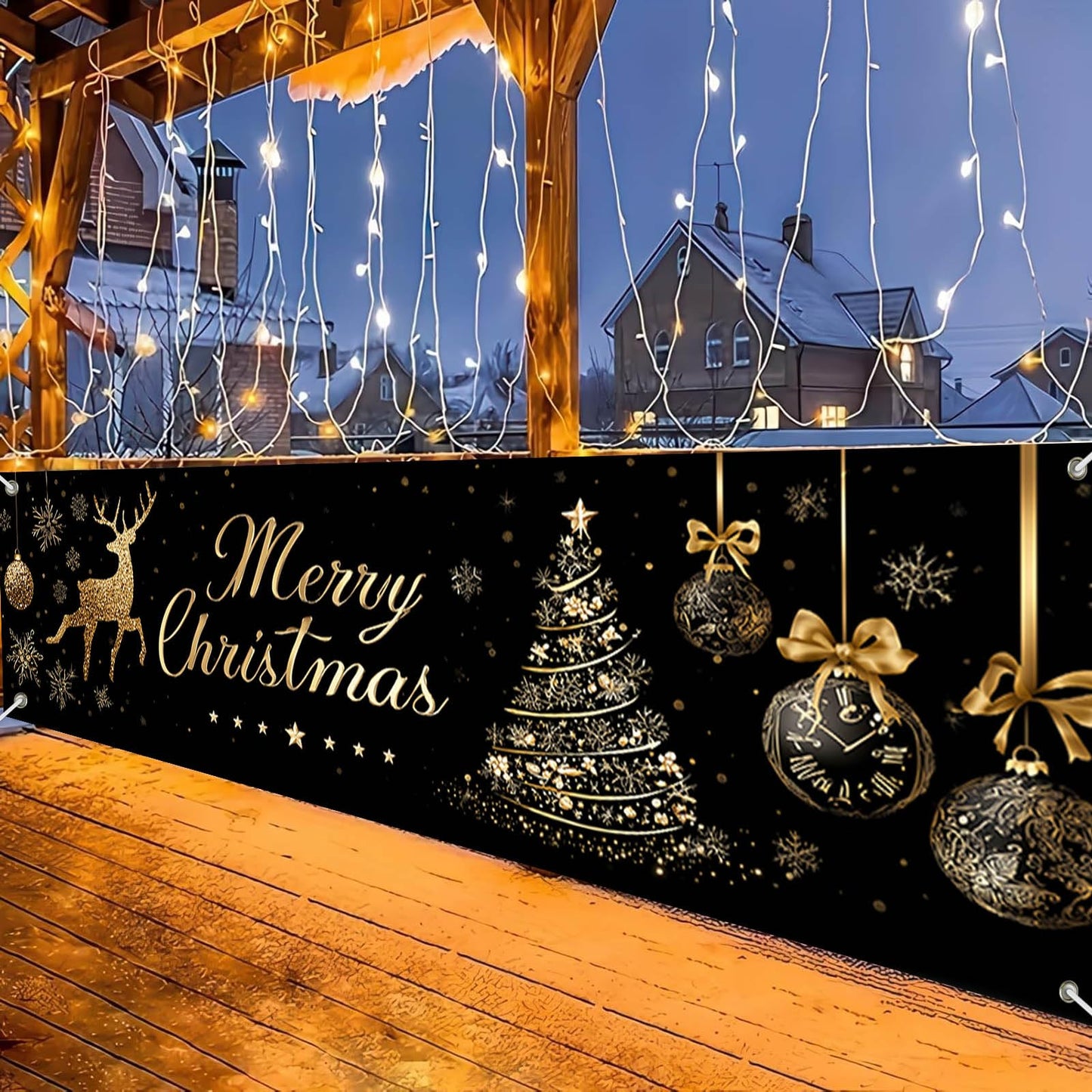 HOMETITUTE Large Merry Christmas Banner 118x35 Inch Black Gold Christmas Banner with Reindeer Tree and Ornaments for Holiday Party Wall Yard Garden Indoor Decoration Backdrop Display
