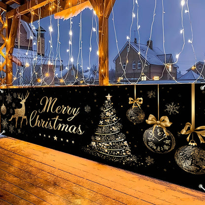 HOMETITUTE Large Merry Christmas Banner 118x35 Inch Black Gold Christmas Banner with Reindeer Tree and Ornaments for Holiday Party Wall Yard Garden Indoor Decoration Backdrop Display