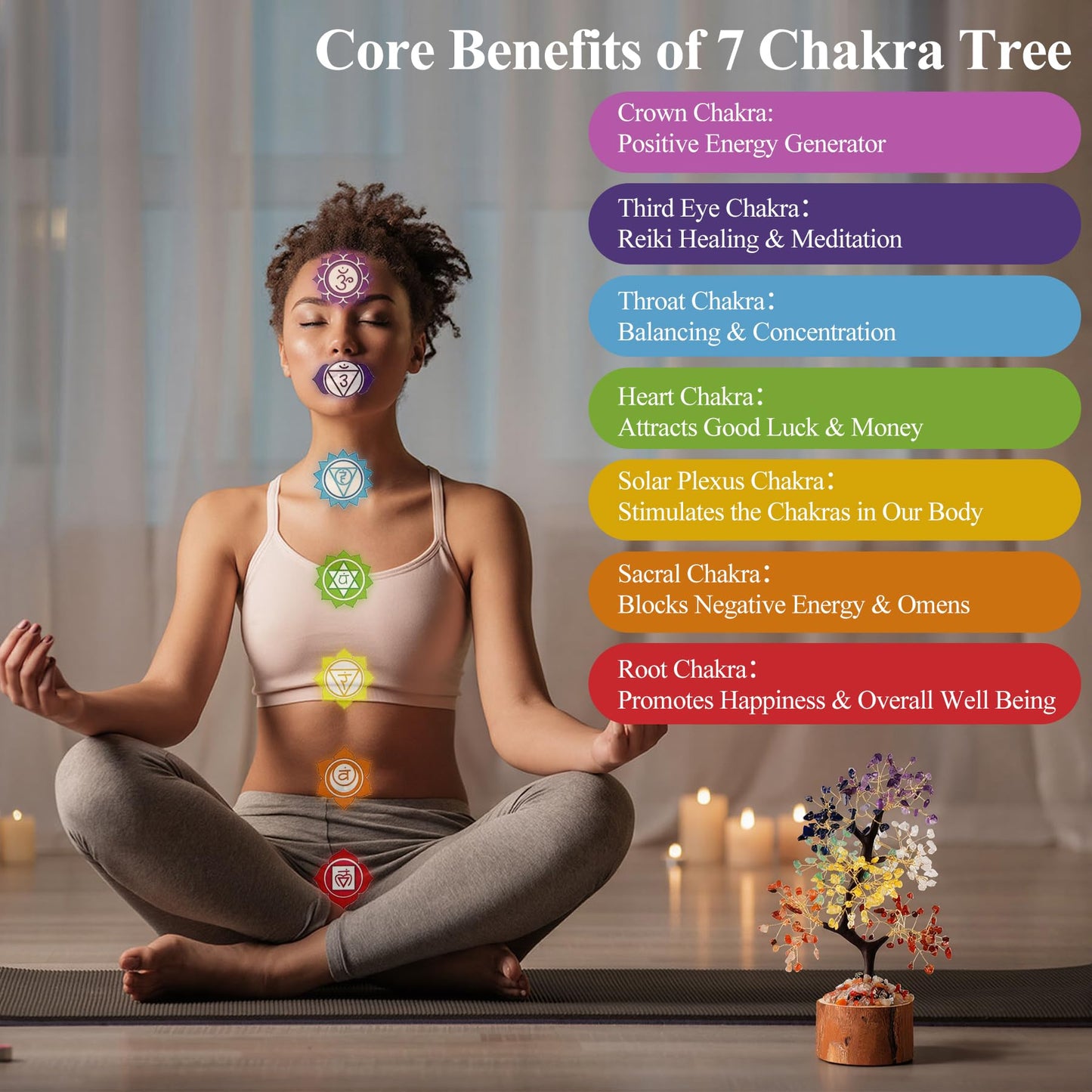Crystal Tree of Life, Healing Crystal Trees with 280 Beads Chakra Stones, Handmade 7 Chakra Tree for Home Office Desk Crystal Decor, Good Luck Birthday Gifts for Women, Mom