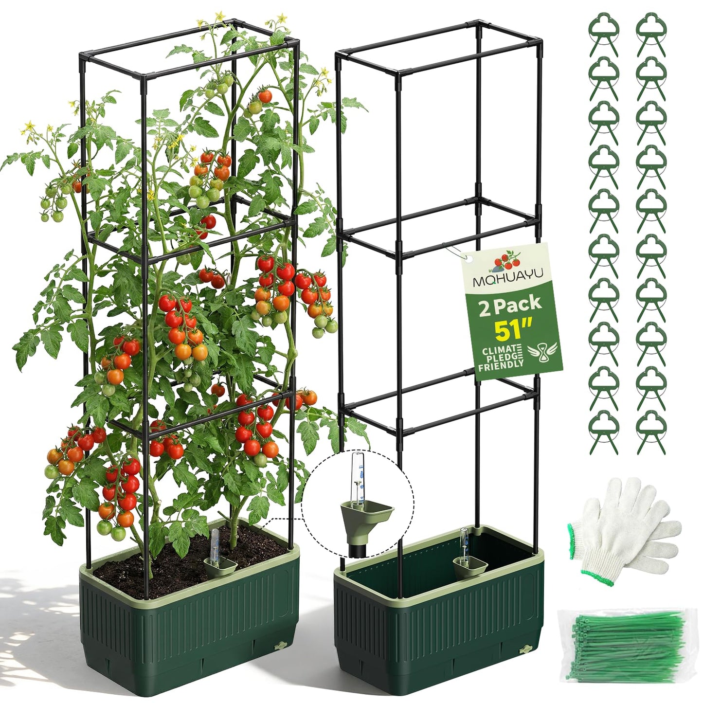 MQHUAYU 2 Pack 51" Self Watering Planter Box with Trellis, Tomato Planter Trellis for Raised Garden Bed, Tomato Cage with Visual Water Indicator, Indoor Outdoor Tomato Cages for Garden Patio