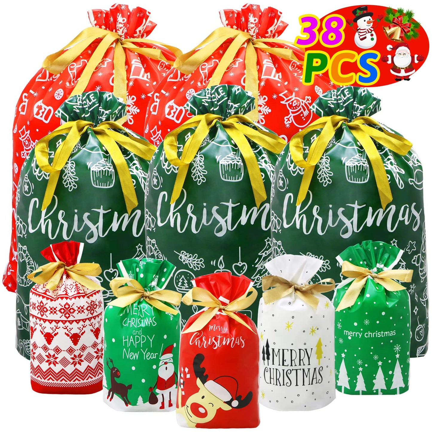 ZMCINER 38 PCS Christmas Drawstring Gift Bags Assorted Sizes Christmas Bags Drawstring for Gifts for Xmas Holiday Presents Party Favor