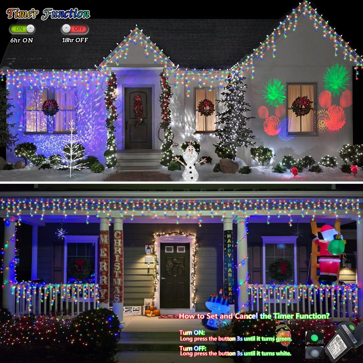 QITONG Multicolor Icicle Lights for Outside, 33ft 400 LED String Lights Indoor, Clear Wire Connectable Icicle Christmas Lights Plug in with 8 Modes