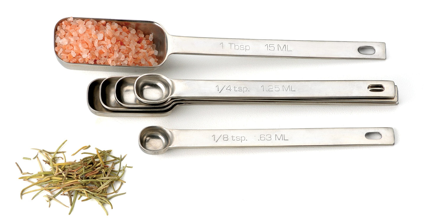 RSVP International Endurance Stainless Steel Spice Measuring Spoons, Set of 6 | 1/8 tsp to 1 Tbsp Measurements | Nest for Easy Storage | Dishwasher Safe | Dry or Liquid | Baking or Cooking