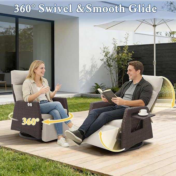 Adjustable Outdoor Recliner Chair with Independent Backrest & Footrest, Patio Swivel Recliner Chair, Wicker Reclining Patio Chair w/Flip-Up Table, 155° Lay Flat Chaise Lounge, Beige, 2PCS
