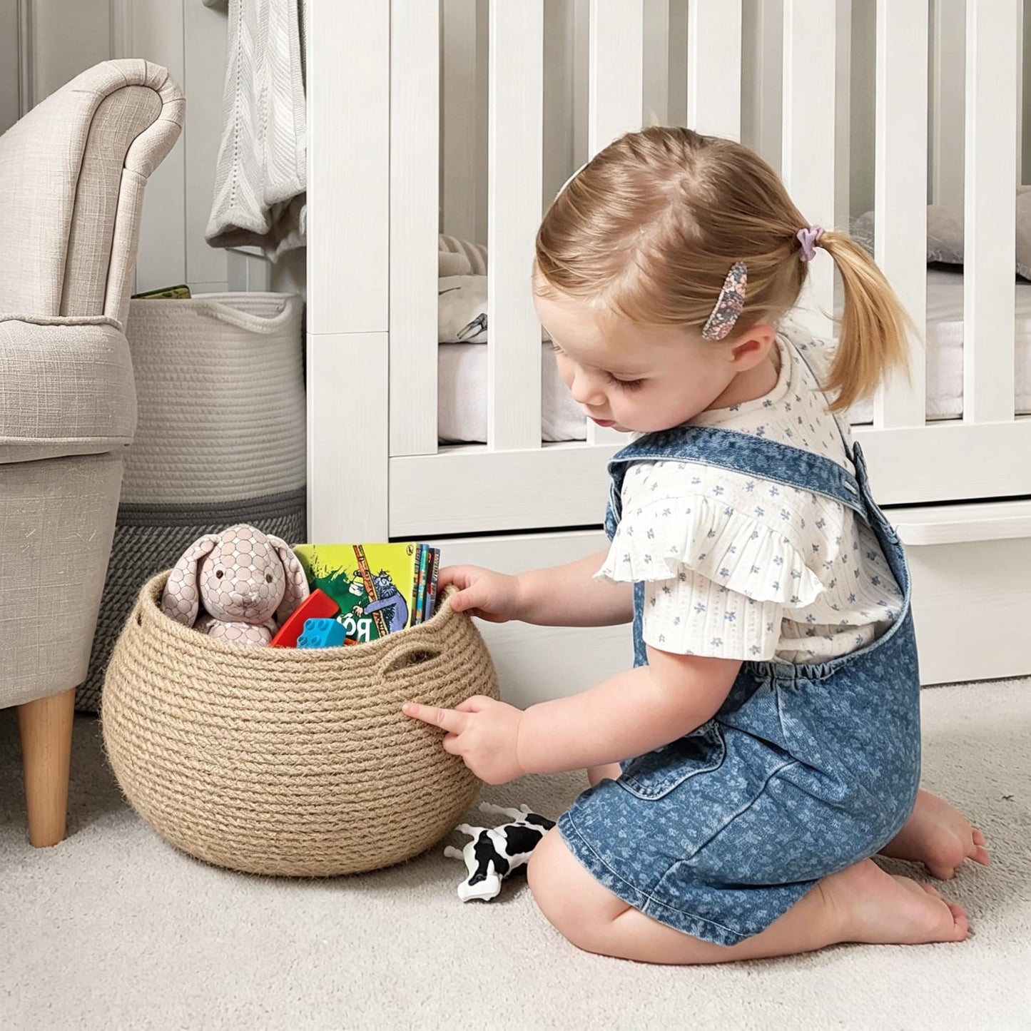 Goodpick Wicker Storage Basket for Living Room, Small Round Woven Basket for Toys, Towel, Bedroom, Children Corner Decoration Plant Baskets Indoor, Jute, 12.5"D x 8.3"H