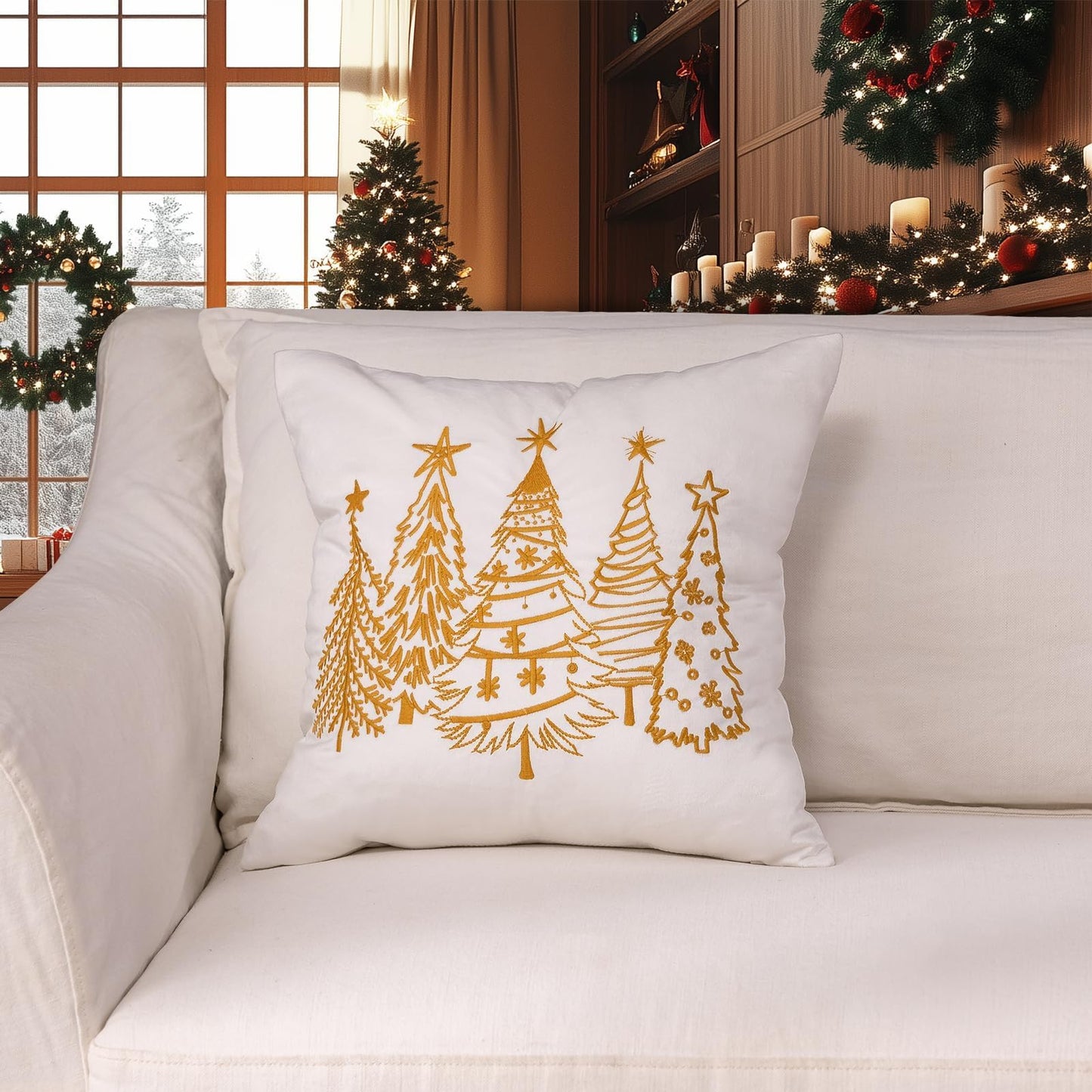 GEEORY Christmas Pillow Covers 18x18 Inch Set of 2, Xmas Decorations Tree Luxurious Velvet Embroidered Throw Pillows Farmhouse Winter Holiday Decor Cushion Case for Sofa & Bed White GX007-18