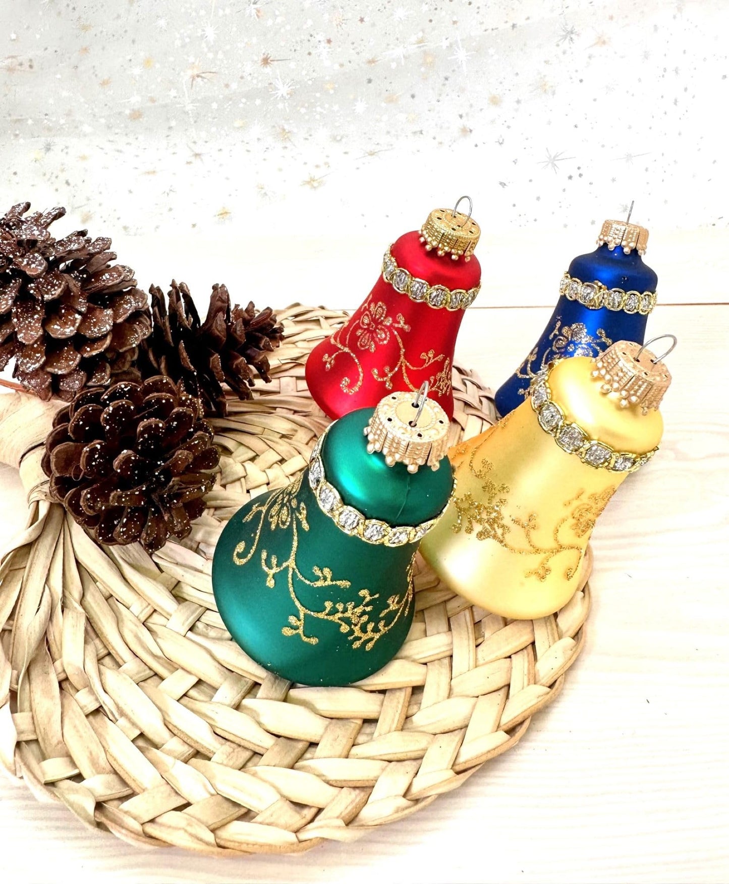 Glass Christmas Tree Ornaments - 67mm/2.625" [4 Pieces] Decorated Balls from Christmas by Krebs Seamless Hanging Holiday Decor (Red, Gold, Navy & Green 3" Bell w/Glitterlace & Braid)