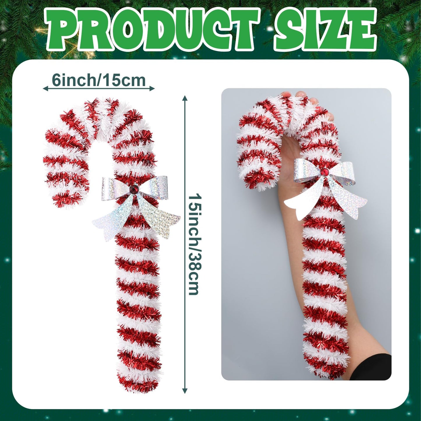 Suncalla 2 Pcs 15 Inch Christmas Candy Canes Decorations Large Christmas Tinsel Garlands Hanging Ornament Shiny Red and White Candy Decoration for Xmas Tree Door Garden Holiday New Year Party Decor