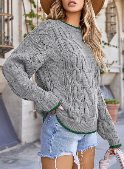 EVALESS Sweaters for Women Trendy Crewneck Long Sleeve Color Block Sweater Tops Fall 2025 Chunky Cable Knit Pullover Sweaters