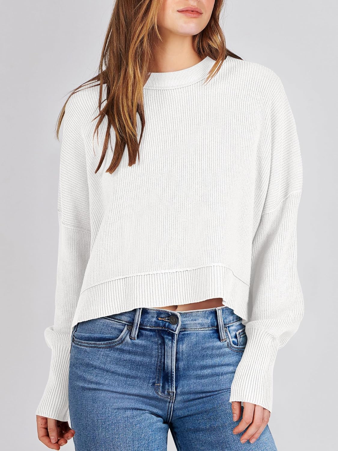 ANRABESS Womens Cropped Sweaters Oversized Crewneck Long Batwing Sleeve Side Slit Ribbed Knit Pullover Tops 2025 Fall Clothes