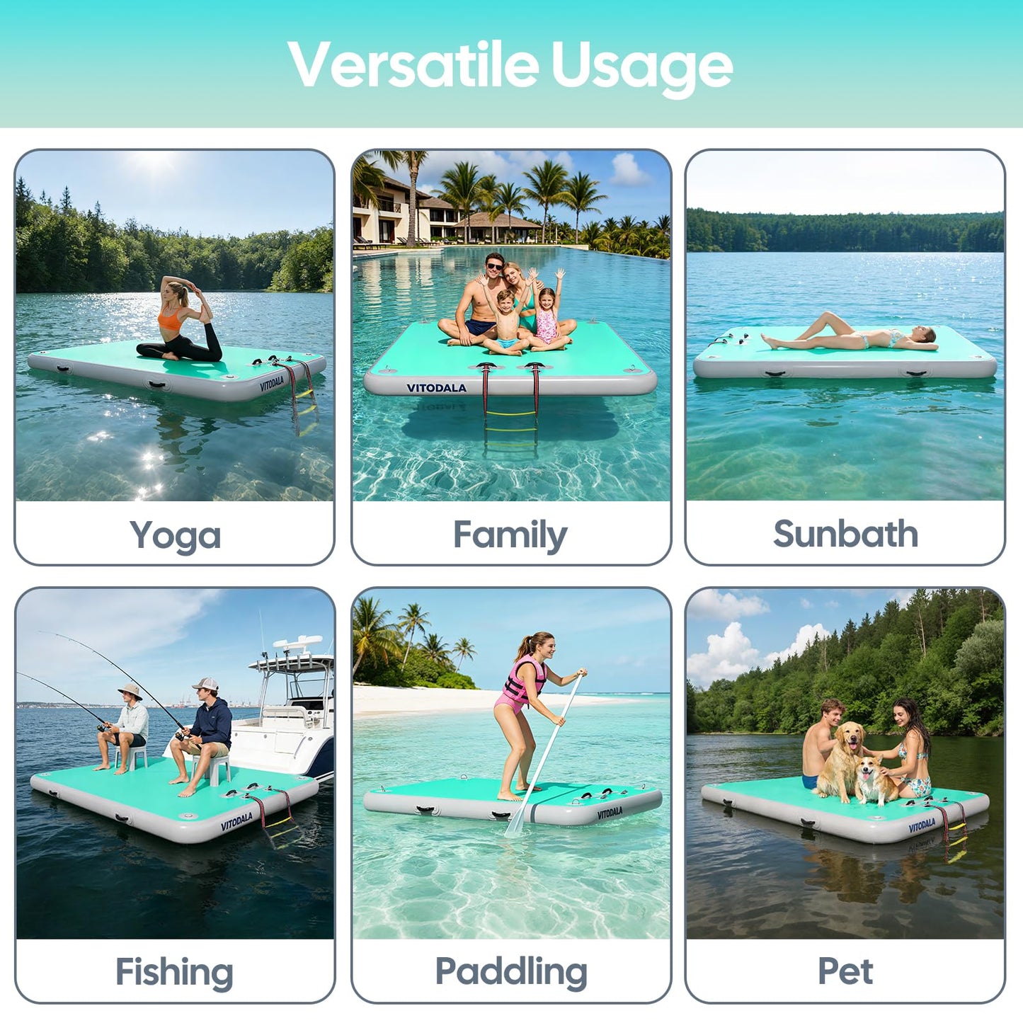 Inflatable Floating Dock, Water Island Float Raft Mat with Non-Slip Surface, 10FT Air Deck Platform, 6 Inch Thick for Pool, Lake, River, Beach, Ocean (Mint Green)