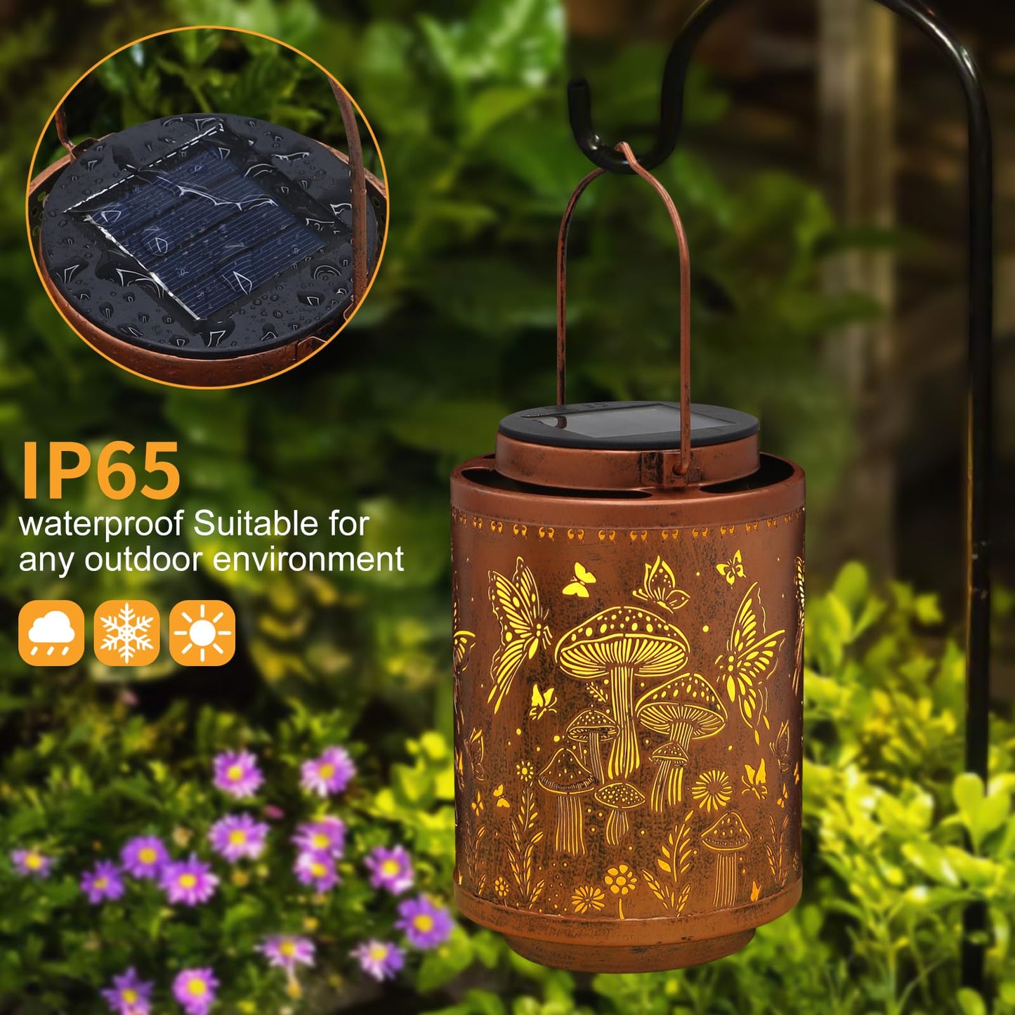 Solar Lanterns Outdoor Waterproof Mushroom Butterfly Garden Decor Gifts for Women Mon Grandma Metal Hanging Solar Lights Decoration for Outside LED Lanterns for Yard Patio Lawn