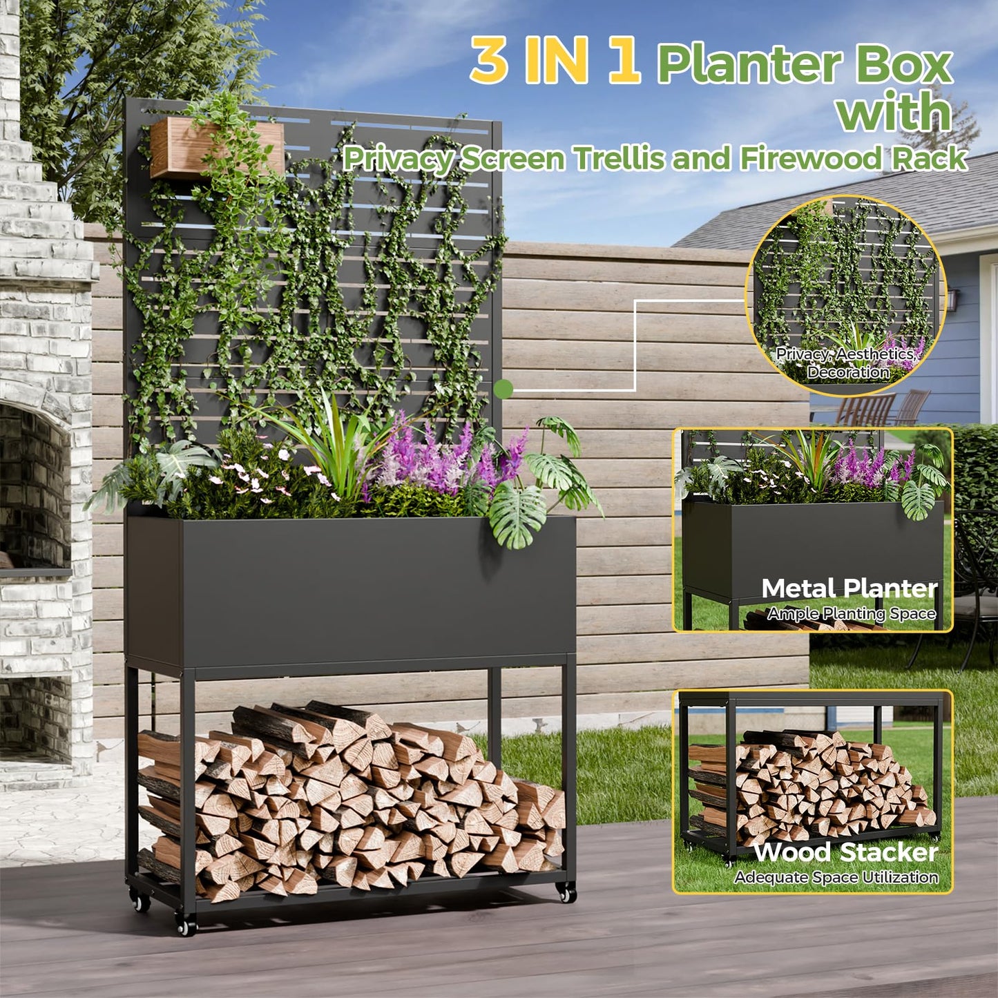 Metal Planter Box with Trellis, 3 in 1 Raised Garden Bed with Trelli & Firewood Rack, Privacy Planter Screen for Climbing Plants, Vine, Outdoor Garden Standing Beds with Drainage Holes, Wheels,Black