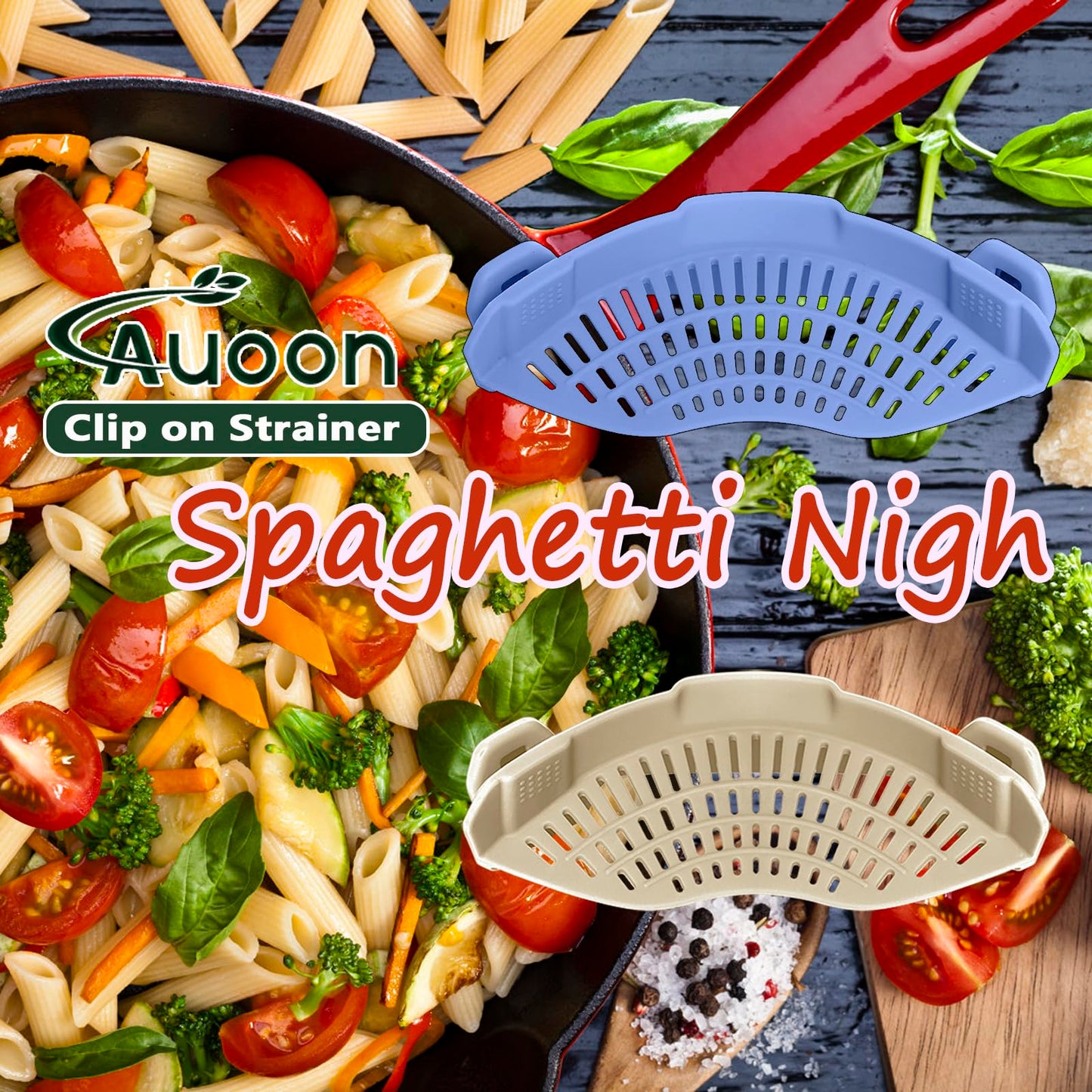AUOON Clip On Strainer Silicone for All Pots and Pans, Pasta Strainer Clip on Food Strainer for Meat Vegetables Fruit Silicone Kitchen Colander