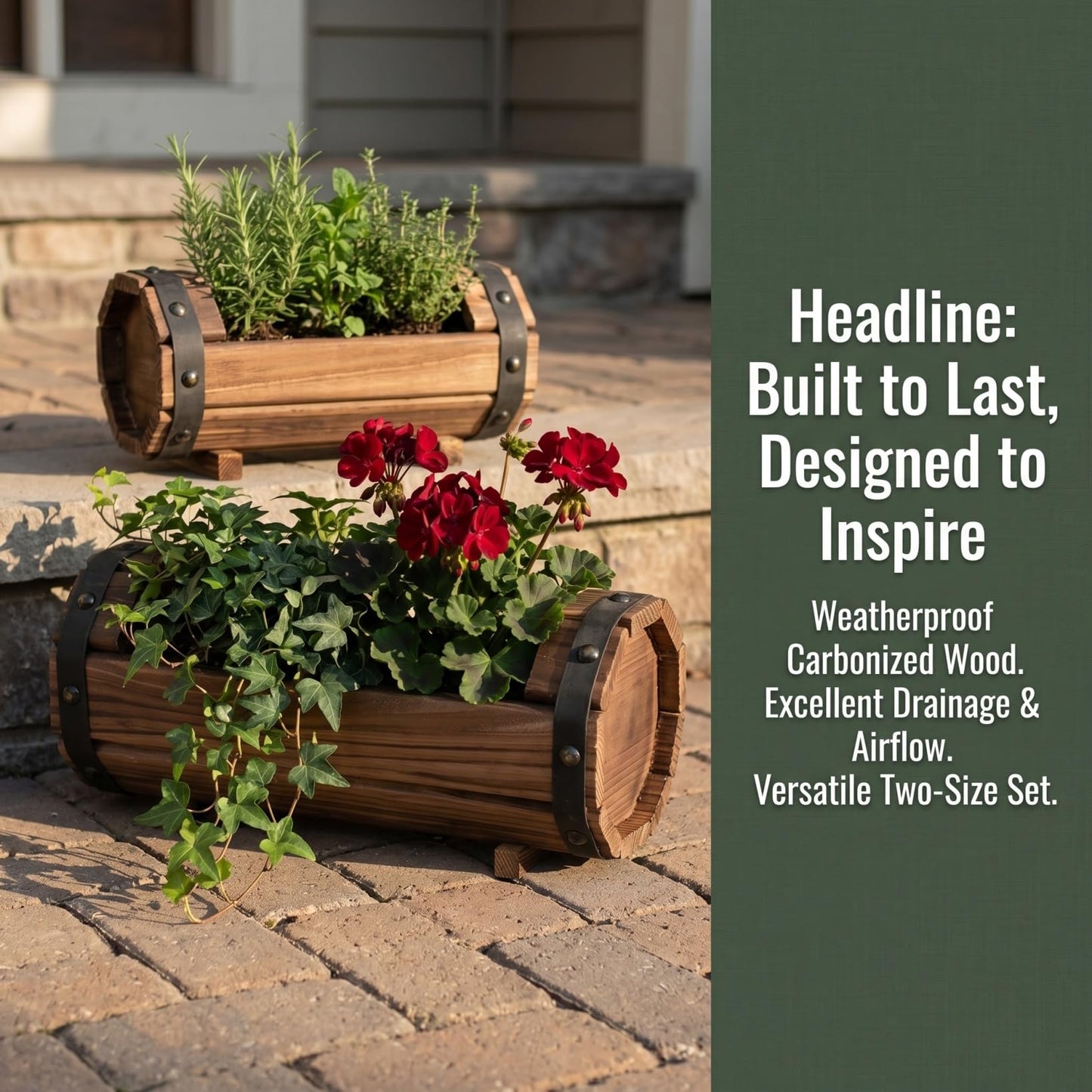 DOITOOL Half Barrel Planters Outdoor, 2 Pack Rustic Solid Wood Flower Pots for Plants, Carbonized Wooden Whiskey Wine Barrel Planter Set for Garden Patio Porch Windowsill Decoration (Brown)