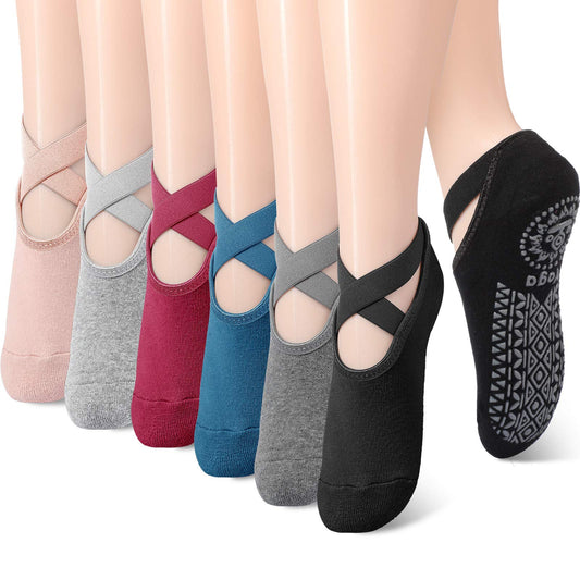 Geyoga 6 Pairs Pilates Socks for Women Barre Yoga Ballet Non-slip Athletic Socks with Grip Straps for Barefoot Workout(Assorted Color)
