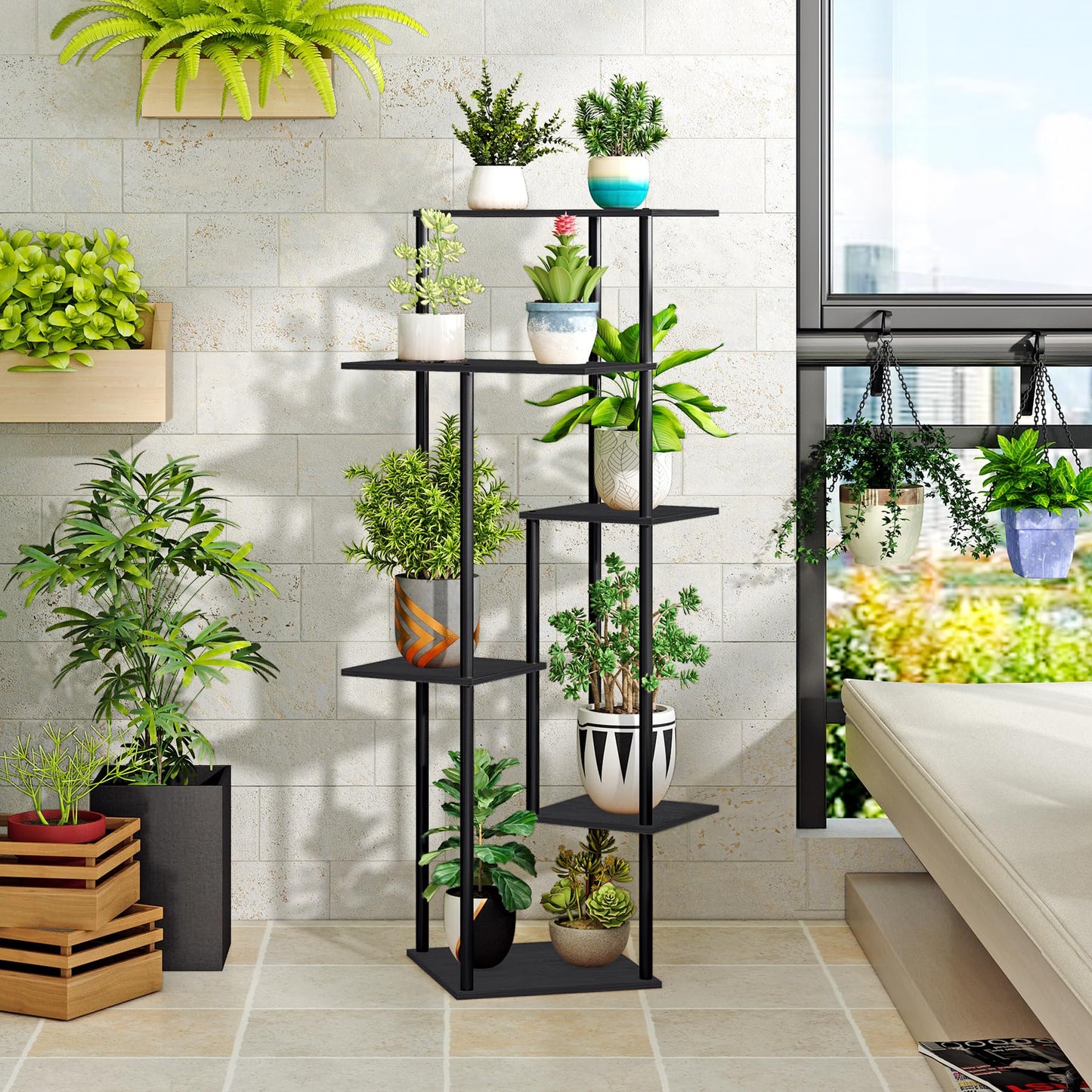 HAYOFAMY 6 Tier Plant Stand Indoor, Tall Plant Shelf Metal Wood Multiple, Flower Pot Holder for Living Room Office Balcony Patio, Black