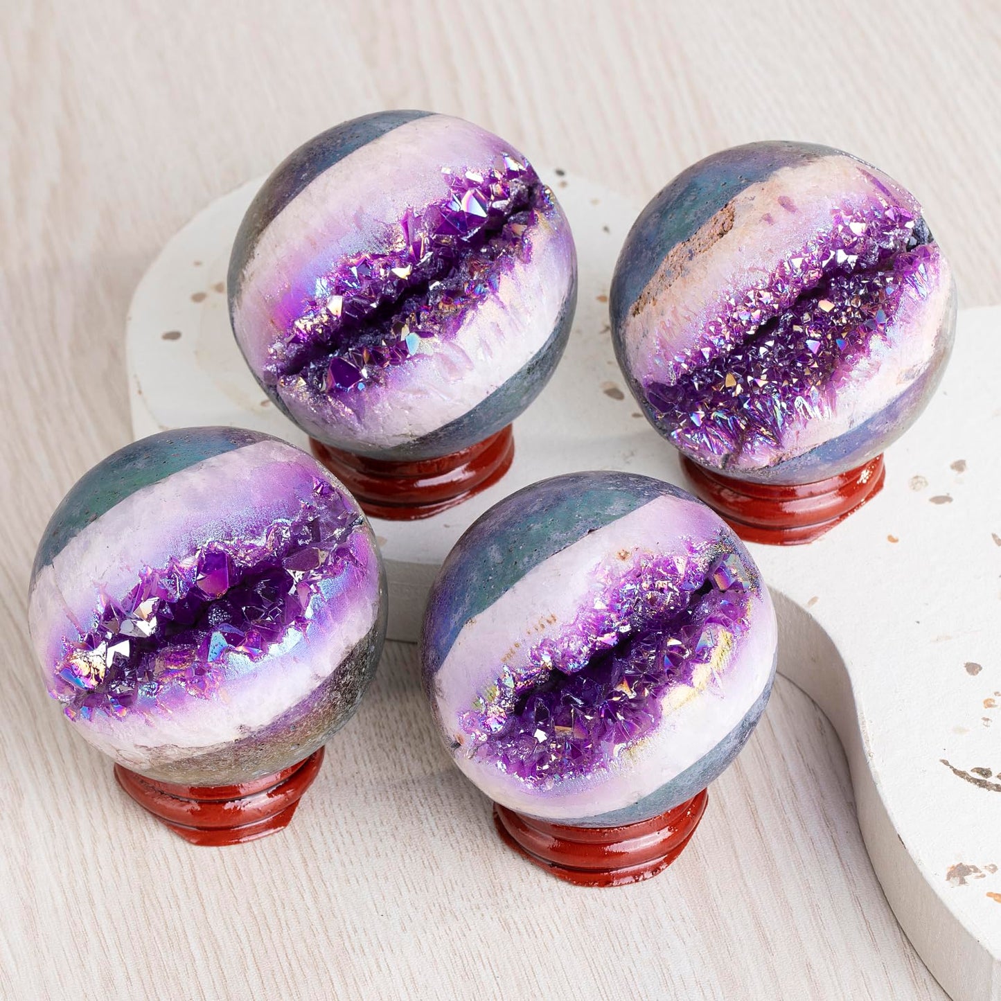 SUNYIK 51-60mm Purple Titanium Coated Quartz Geode Ball Sphere with Stand Crystal Opening Cornucopia Orb Ball Cluster Specimen Display for Decor Feng Shui Meditation