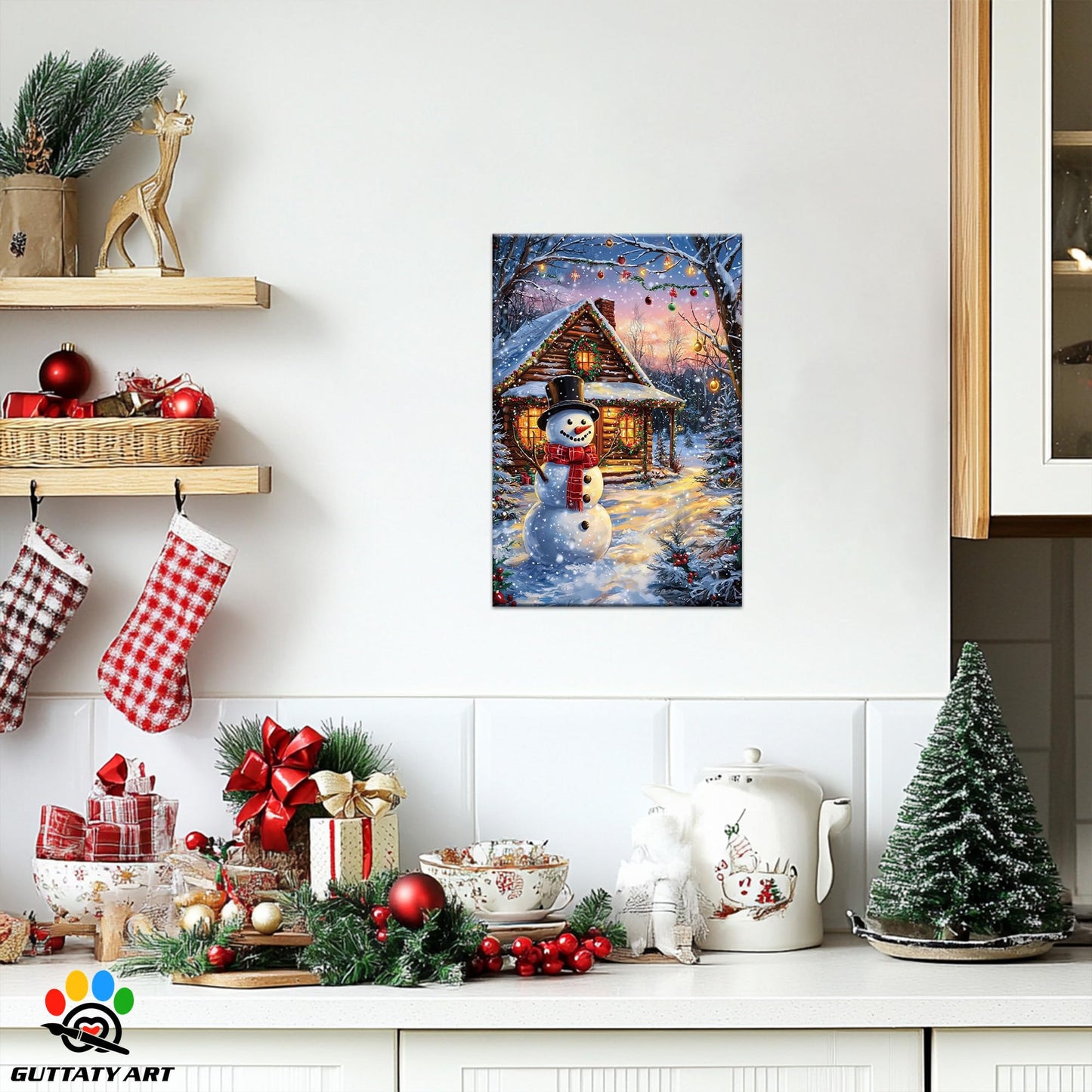 GUTTATY Christmas Canvas Wall Art, Cute Snowman Canvas Wall Decor, Shine Canvas Pictures Wall Decor, Lighted House Wall Art Decor for Living Room, Bedroom, Office Art Decor 18x24 Inch